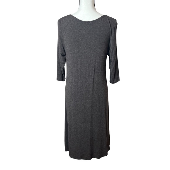 Eileen Fisher Small Ruched Front 3/4 Sleeve Taupe Midi Dress Stretchy Minimalist - Picture 2 of 6